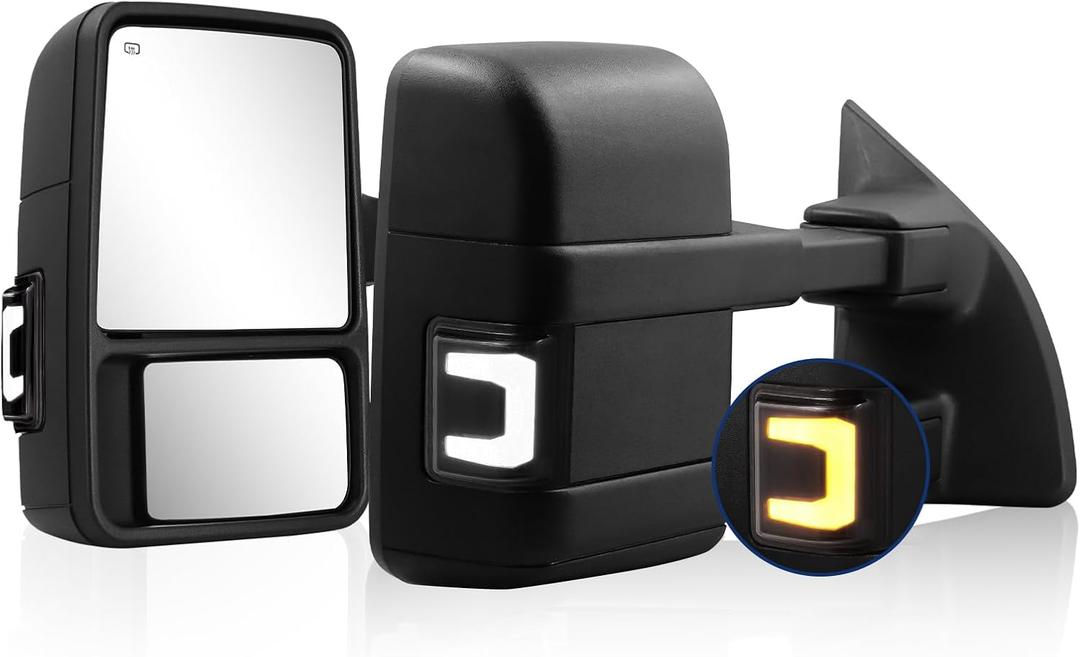 Switchback Towing Mirror Compatible With 1999-2016 F250 F350 F450 F550 Super Duty Truck Pickup Side Tow Mirrors Power Adjusted Heated Glass Switchback Running Light Turn Lights Set (Black)