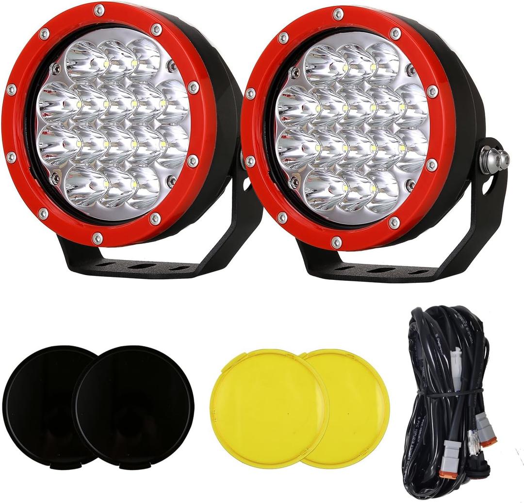BIGLION.X 5Inch 2Pcs 160W Red Round Offroad Lights 18800LM Super Bright Amber Offroad Driving Lights Yellow Work Lights Waterproof IP68 12V 24V with Wiring Harness for Trucks Pickup ATV UTV SUV