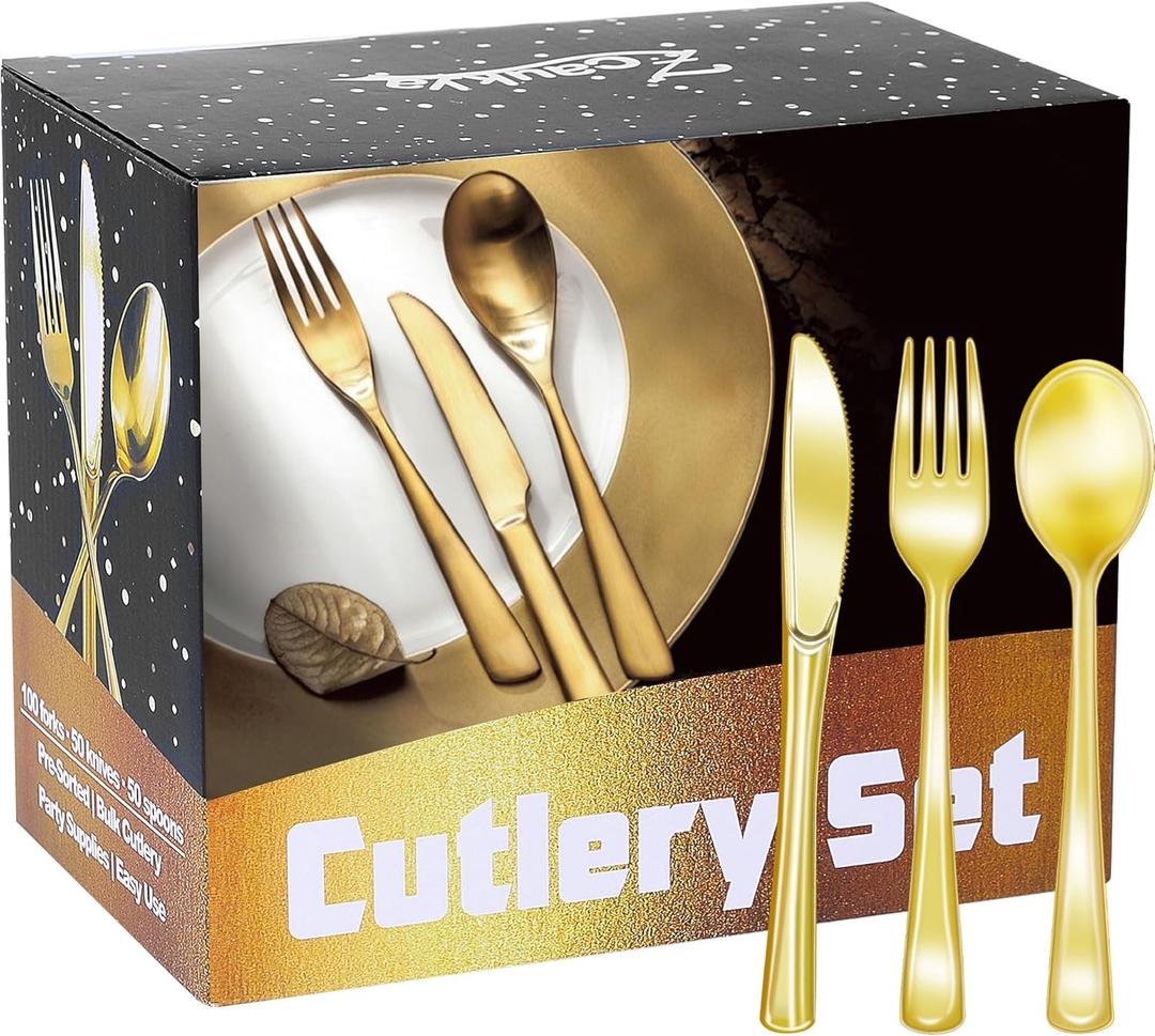 Zcaukya 200 Pieces Gold Plastic Silverware Set, Disposable Cutlery Set Including 100 Forks, 50 Knives and 50 Spoons, Eating Implements Flatware in Bulk for Dinner, Weddings and Birthday Parties