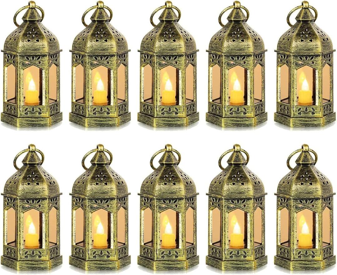 Mini Lantern with Flickering LED Candles Set of 10, Hewory Gold Vintage Decorative Hanging Candle Lanterns for Halloween, Christmas, Wedding Decorations, Party, Table Centerpiece, Battery Included