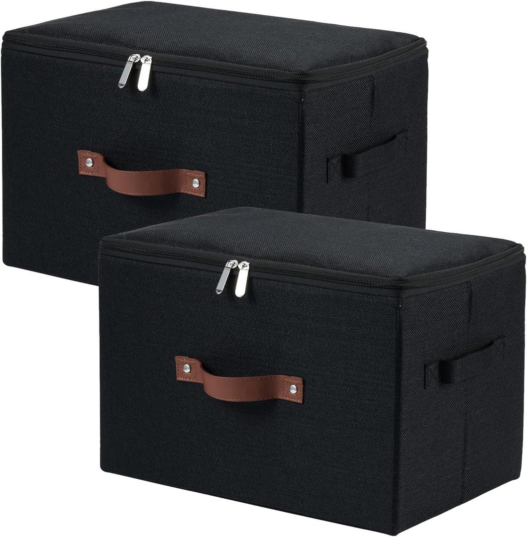 Pack of 2 Storage Bins with Zipper Lid Cotton Linen Fabric Lidded Storage Baskets Boxes Foldable Washable Closet Shelf Clothes Organizer Container with PU Leather Handles (Black, Large Size)