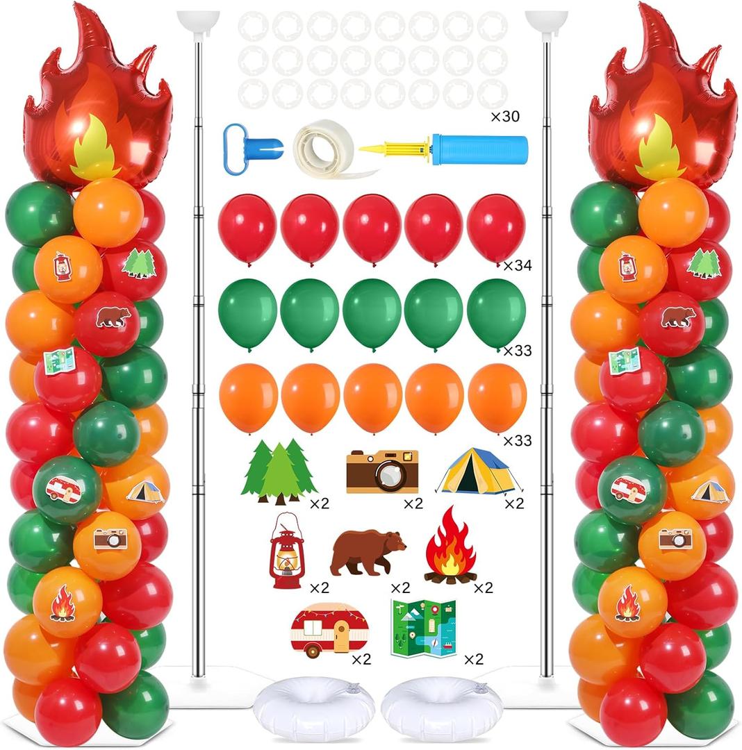 2 Sets Camping Balloon Column Stand Kit With 102 Camping Balloons Campfire Foil 5.57ft Adjustable Balloon Tower Stand With Bases Adjustable Arch Column for Camp Party Outdoor Birthday Supplies