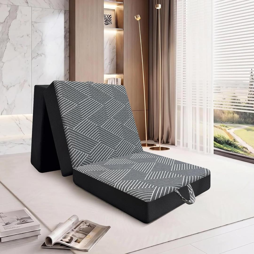 Memory Foam Tri Folding Mattress Single Size - Tri-fold Mattres, Handle & Non-Slip Bottom, Portable Foldable Sofa Bed Floor Chair for Travel RV Camping Guest Yoga - 4 Inch, 75"x25"x4"