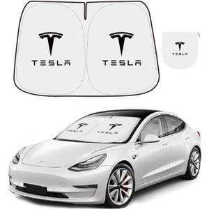 300T Sunshade for Tesla Model Y Model 3, Car Accessories 2025 for Tesla, Front Window Sunshade with Organizer Bag, Gifts for Tesla Owners (Black)