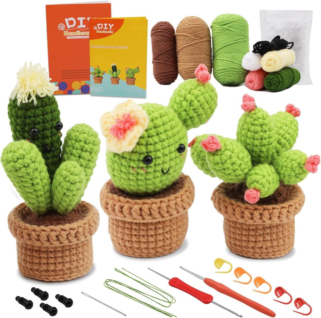 HNRLOY Beginner Crochet Kit for Adults & Kids - DIY Cactus Plants Family Beginner Crochet Knitting Kit Craft with Yarn, Tools, Instructions