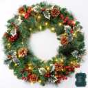 24 Inch Prelit Christmas Wreath for Front Door, Battery Operated LED Christmas Wreath with Pine Needles Branches Hari Leaves Red Berry Pine Cones, Lighted Wreath Wall Windows Decoration (H6802a-03)