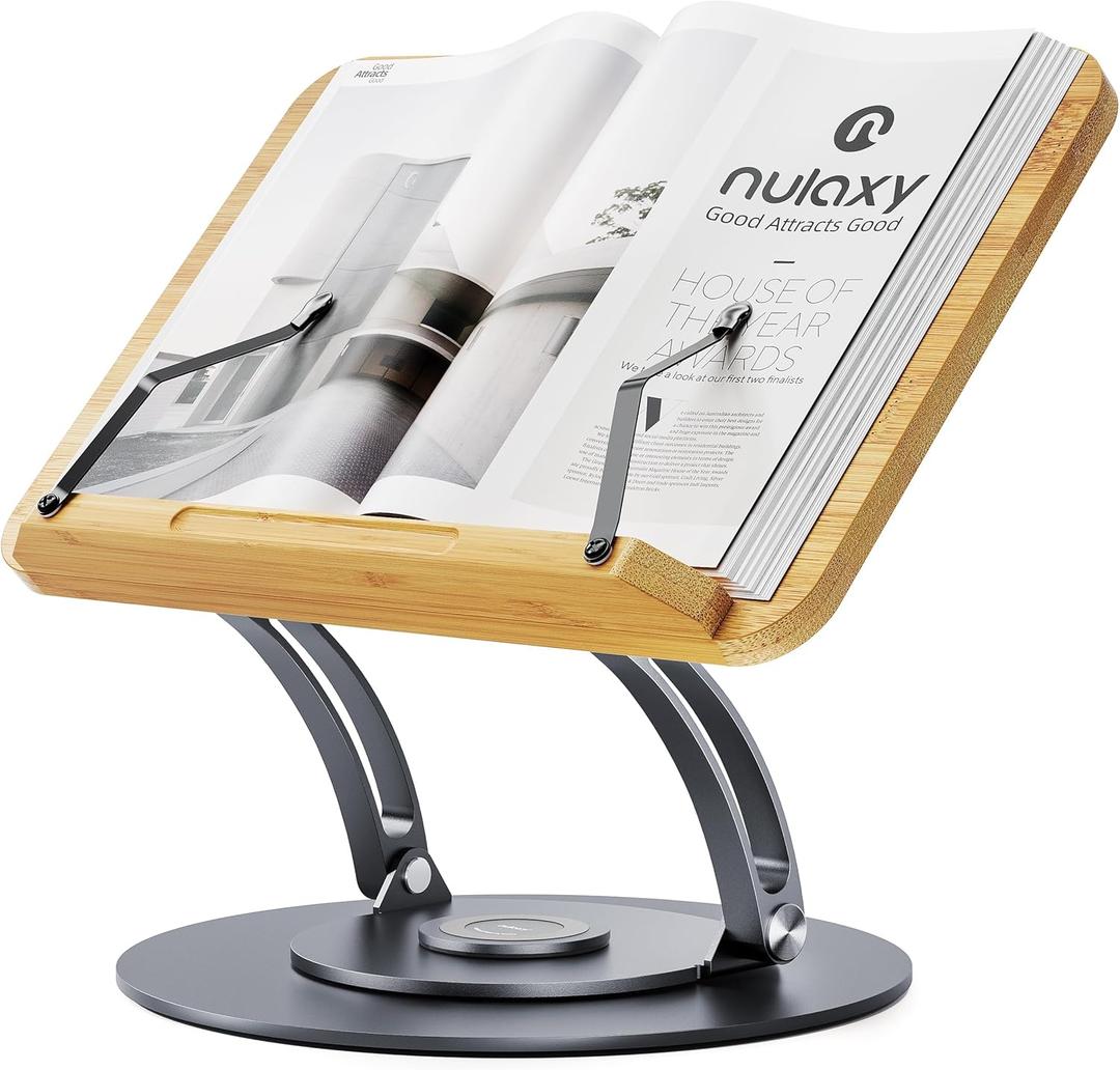 Nulaxy Bamboo 360 Rotating Book Stand for Reading, Adjustable Textbook Holder for Reading Hands-Free, Foldable Desktop Cookbook Stand with Protective Page Clips, Fits All Books - Gray