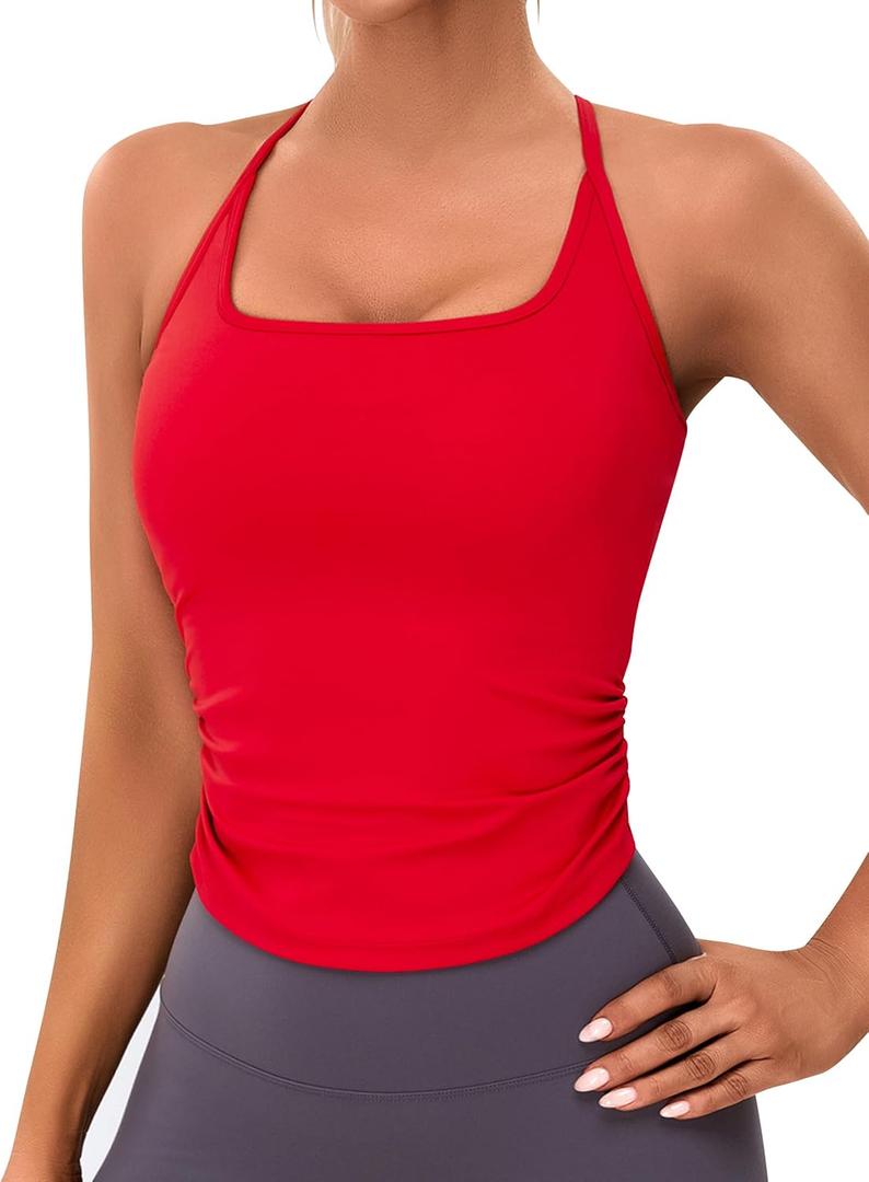 BMJL Womens Workout Tank Tops Built in Bra Ruched Gym Tops Racerback Athletic Yoga Shirts (Medium, Red)