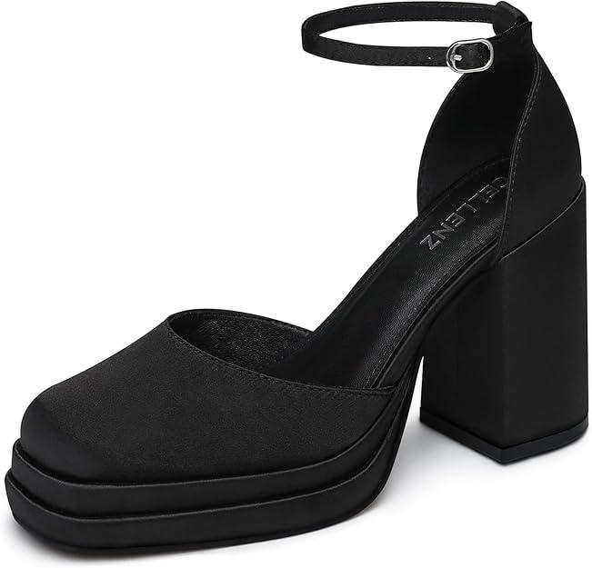 Cellenz Women Chunky High Heels: Comfortable Ankle Strap Platform Pumps, Dress Wedding Shoes Party Bridal Graduation Pumps Black 7