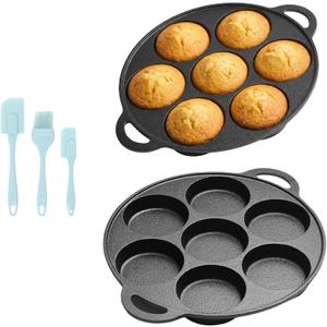 Cast Iron Egg Pan Set of 2-2.95 Inch Cast Iron Biscuit Pan - Pre-Seasoned Cookie & Muffin Pan - Even Heat Distribution for Perfect Brownies