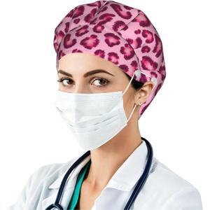 Working cap with button and sweatband adjustable surgical cap for men women (Pink, M)