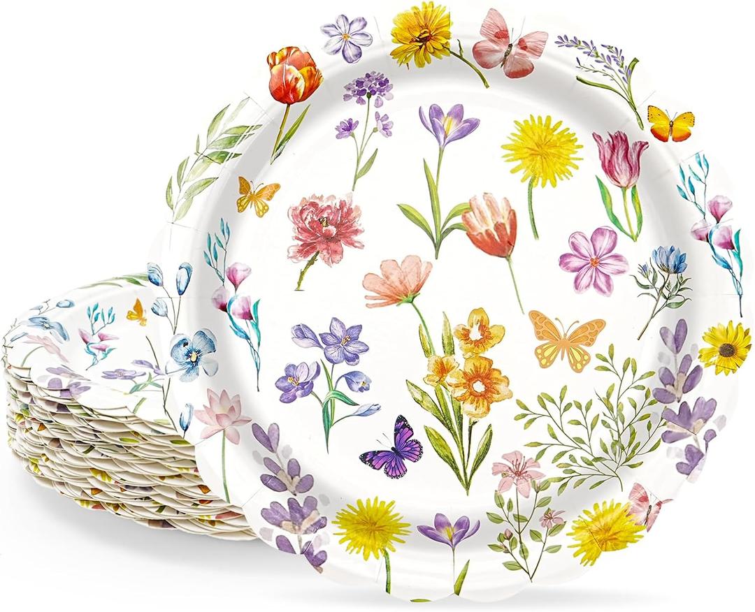 40 Pcs Spring Floral Paper Plates | 7 Inch Assorted Wildflower Disposable Dessert Plates for Garden Party, Baby Shower, Birthday & Spring Party Decorations