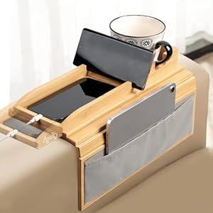 Couch Cup Holder TrayCouch arm Table with Side Storage PocketCouch arm Tray with Anti-Slip Design, Natural Bamboo Sofa Tables for Drinks, Snacks, Cup, Remote and PhoneMahogany