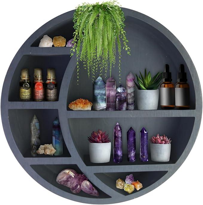 Nimpro Wooden Crescent Moon Shelf Wall Decor  Decorative Boho Home Hanging Display Shelf for Bedroom, Dorm, Nursery  Easy Mount Storage for Crystals and Essential Oils  14 x 14 x 3.5 (Navy)