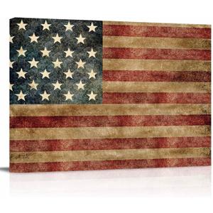 Vintage American Flag Canvas Print Wall Art - Patriotic Retro USA Flag Star Stripes - Wall Decor Modern Artwork Paintings Pictures for Living Room Stretched and Framed Ready to Hang - 24" x 36"