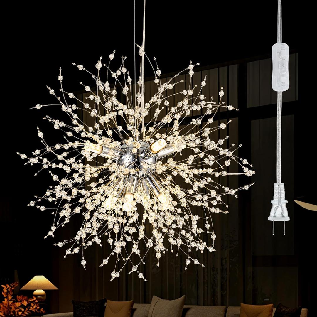 8-Light Plug in Crystal Chandeliers Semi Flush Mount Ceiling Light Modern Lighting Fixture for Foyer Entryway Bedroom Hallway Kitchen Bar Dining Room | Bulbs Not Included | Chrome