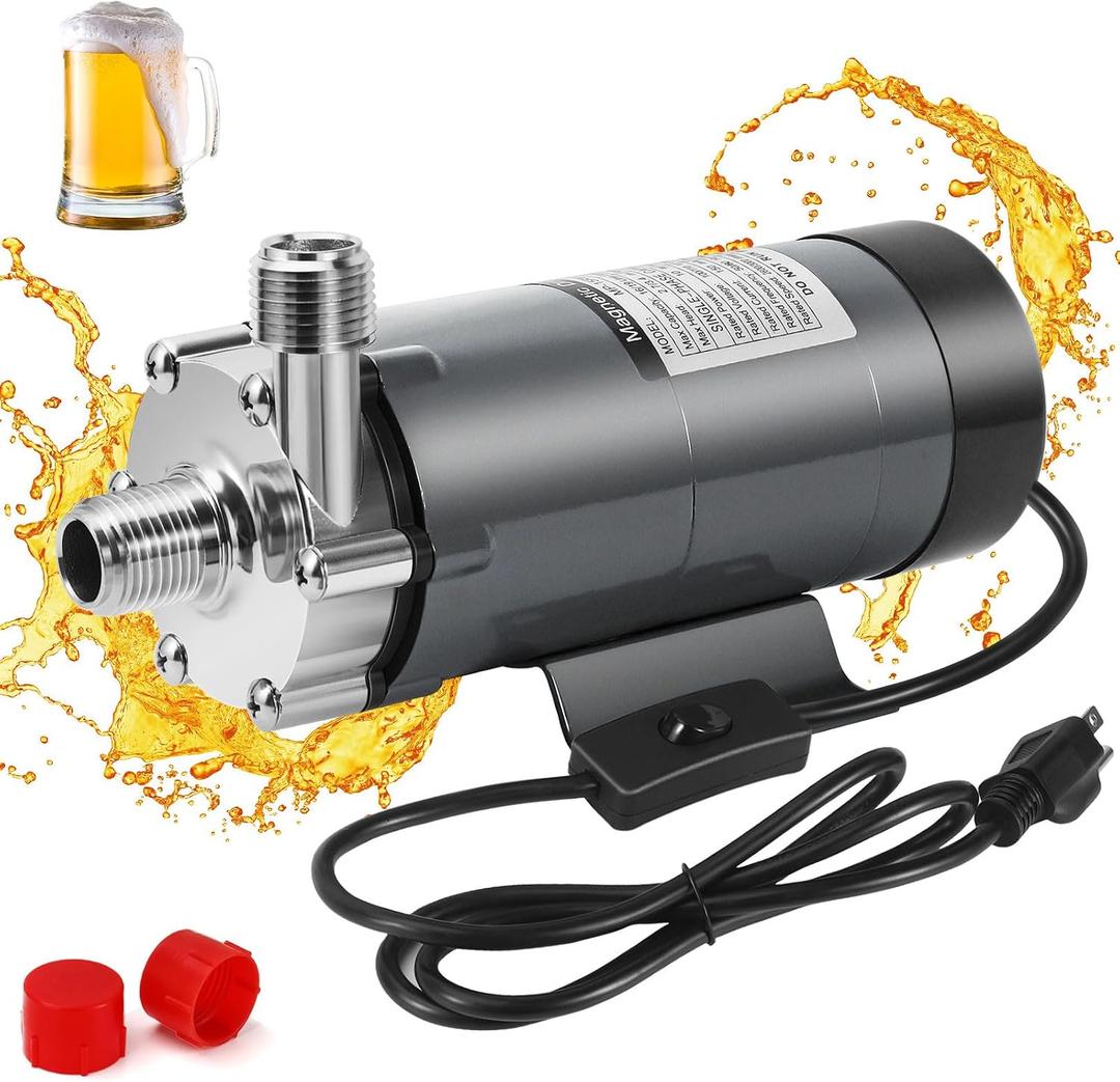Magnetic Beer Pump Wort Pump for Brewing, 304 Food Grade Stainless Steel Head Brew Pump Magnetic Drive Pump with Inline Switch & 1/2" NPT Thread (Gray)
