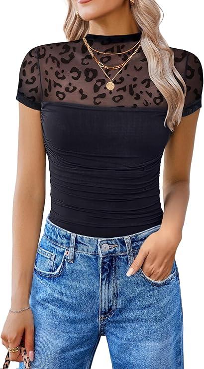 Avidlove Women's Short Sleeve Bodysuit Turtle Neck Body Suits Mesh One Piece Leotard Going Out Tops Date Outfits, size small