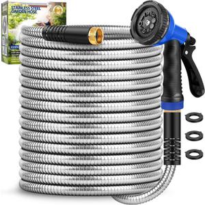 Garden Hose 25 ft, Stainless Steel Metal Water Hose with 10 Function Nozzle, Lightweight Hose, No Kink, Leak-proof, Puncture Resistant for Yard, Outdoor, RV