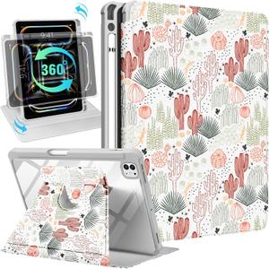 Kidcube for iPad Pro 11 Inch Case M4 2024 5th Generation - for Women Girls Cute Folio Cover with Pencil Holder Girly Cactus Unique Design Rotating Stand Teens for iPad Pro 11'' Case 2024 M4 5th Gen