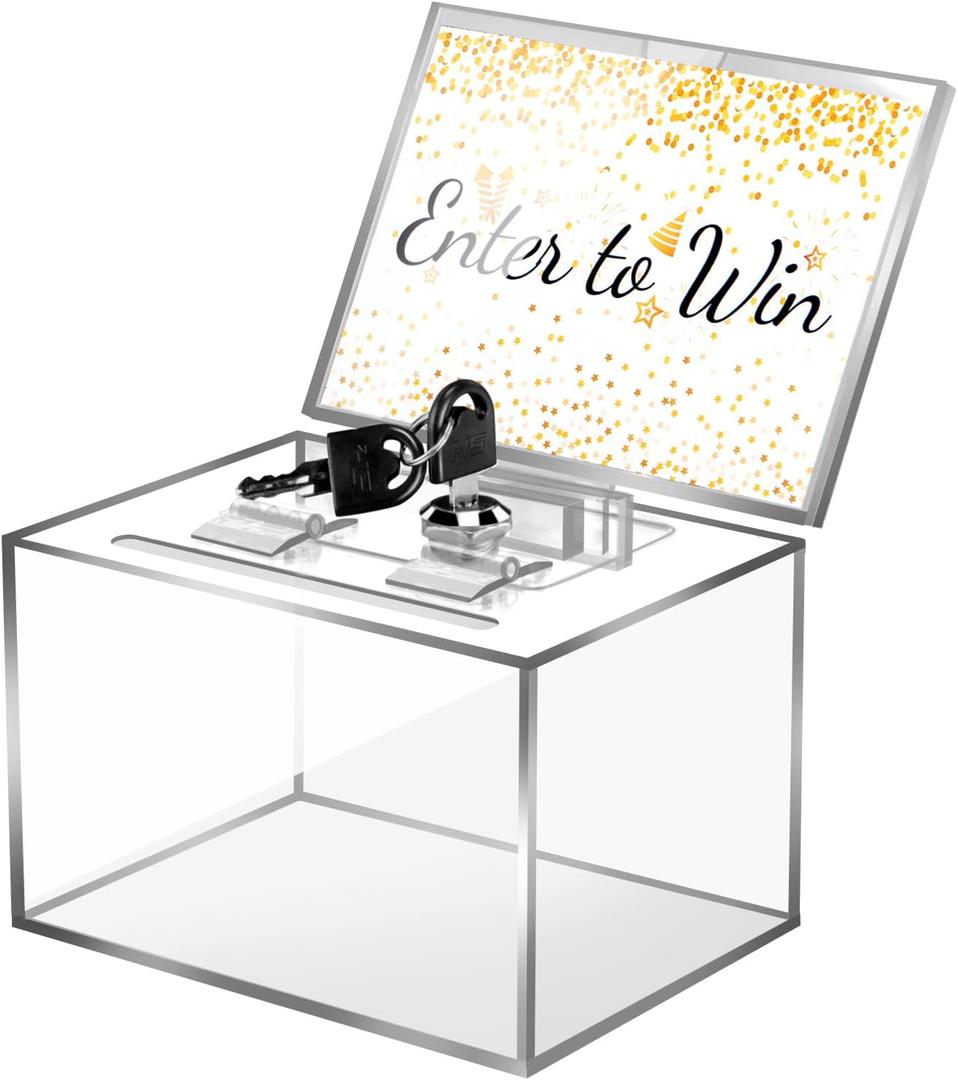 Acrylic Donation Box with Lock & Key, Clear Lockable Raffle Box, Suggestion Boxs Ballot Boxs with Sign Holder- Includes 100 "Enter to Win" Cards (6x4.3x4in)