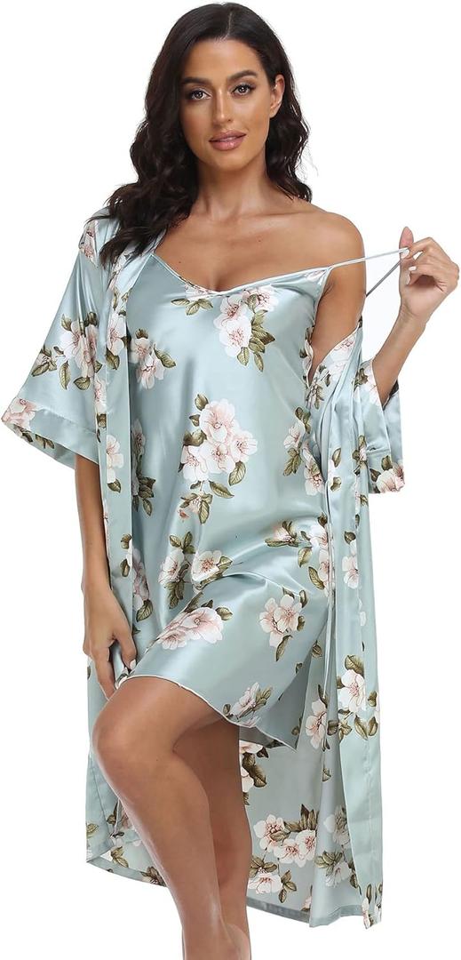Women's Satin Robe Set 2 Piece Pajama Sets Sexy Lingerie Robes Soft Sleepwear Silky Kimono Nightgown with Camisole (Aqua Floral),XL