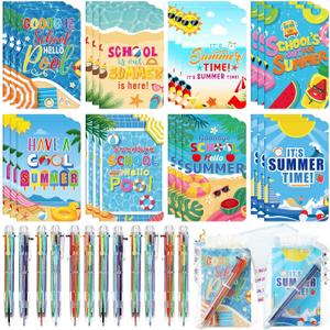 Kolldenn 72 Pcs End of Year Gifts from Teacher Bulk, End of School Year Gift, 24 Mini Notebooks and 24 Retractable 6 in 1 Multicolor Ballpoint Pen with Organza Bag(Summer)