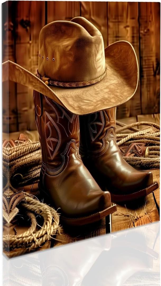 SWQYLB Western Cowboy Canvas Wall Art Vintage Hat And Boots Pictures West Rodeo Painting Prints Men's Cave Bedroom Office Farmhouse Decor Framed (16.00" x 24.00")