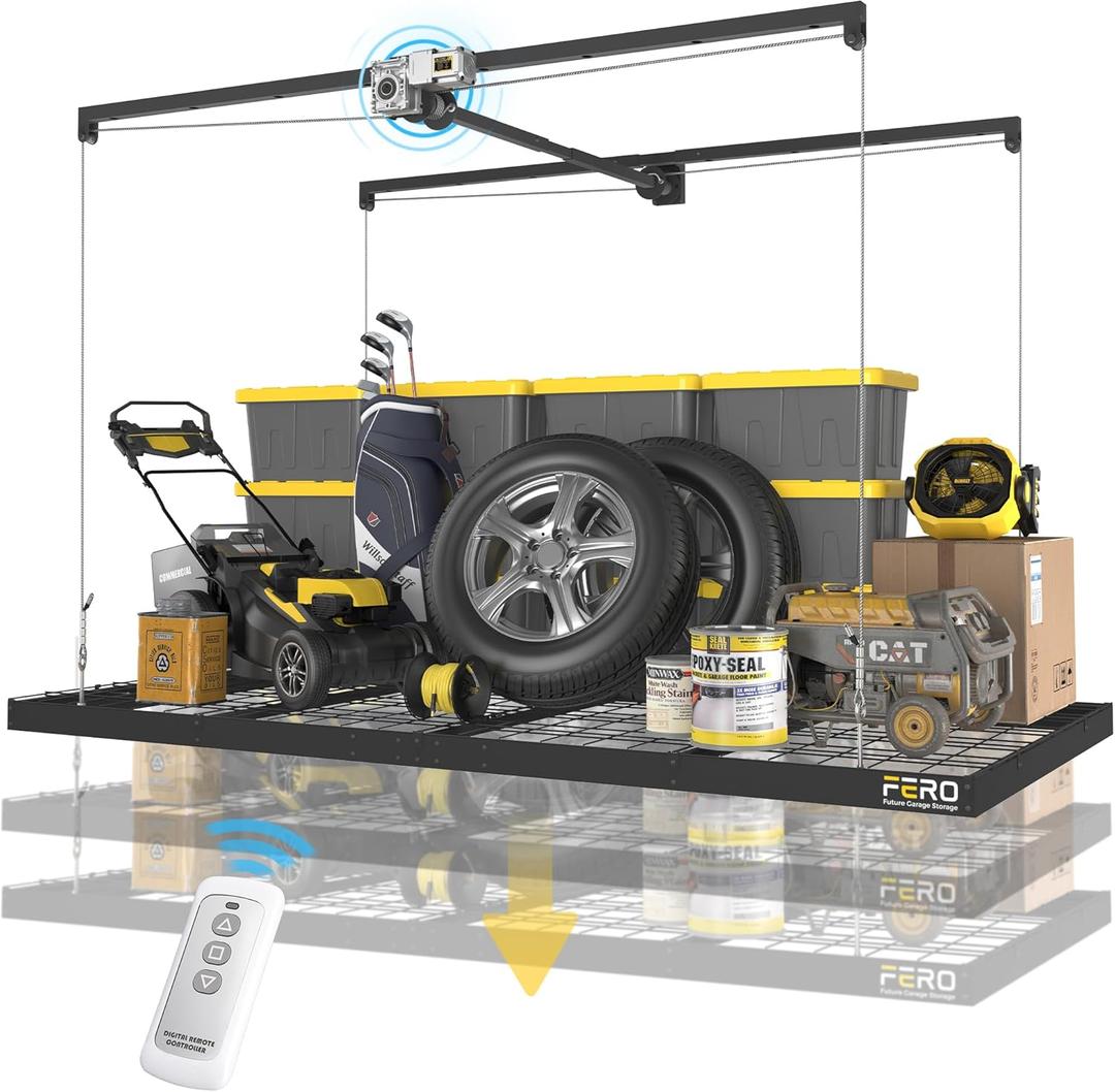 FERO Motorized Overhead Garage Storage Rack with Remote Control, Heavy-Duty Ceiling Mounted Organizer, 4x8 FT Ceiling Storage Lift System, Space-Saving Hanging Garage Shelves, 325 LBS Capacity
