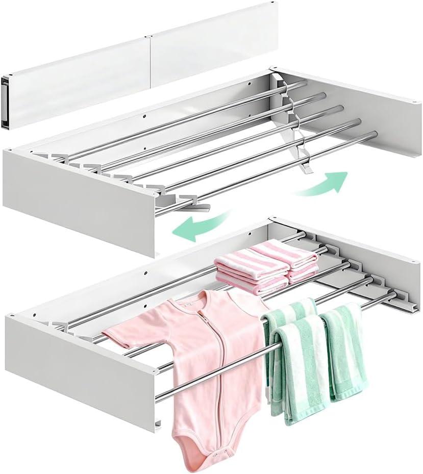 Foldable Wall Mounted Clothes Drying Rack 32’’, Retractable Laundry Room Drying Rack Clothing, Hidden Space Saver with Wall Template, 5 Rods, White