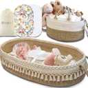Baby Changing Basket Set with Diaper Caddy Organizer Macrame Boho Moses Basket for Babies, Handmade 100% Cotton Rope, Woven Portable Nursery Decor Waterproof Pad & Floral Pad