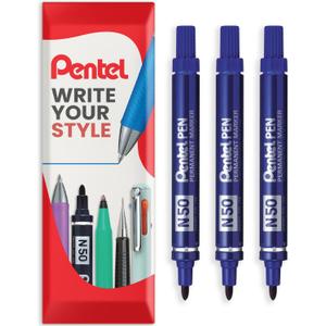 Pentel N50 Fine Permanent Marker - 4.3mm Bullet Tip - Multi Surface Use - Cardboard, Metal, Wood, Plastic & Glass Marker Pens - In Pillow Packaging - Blue, Pack of 3
