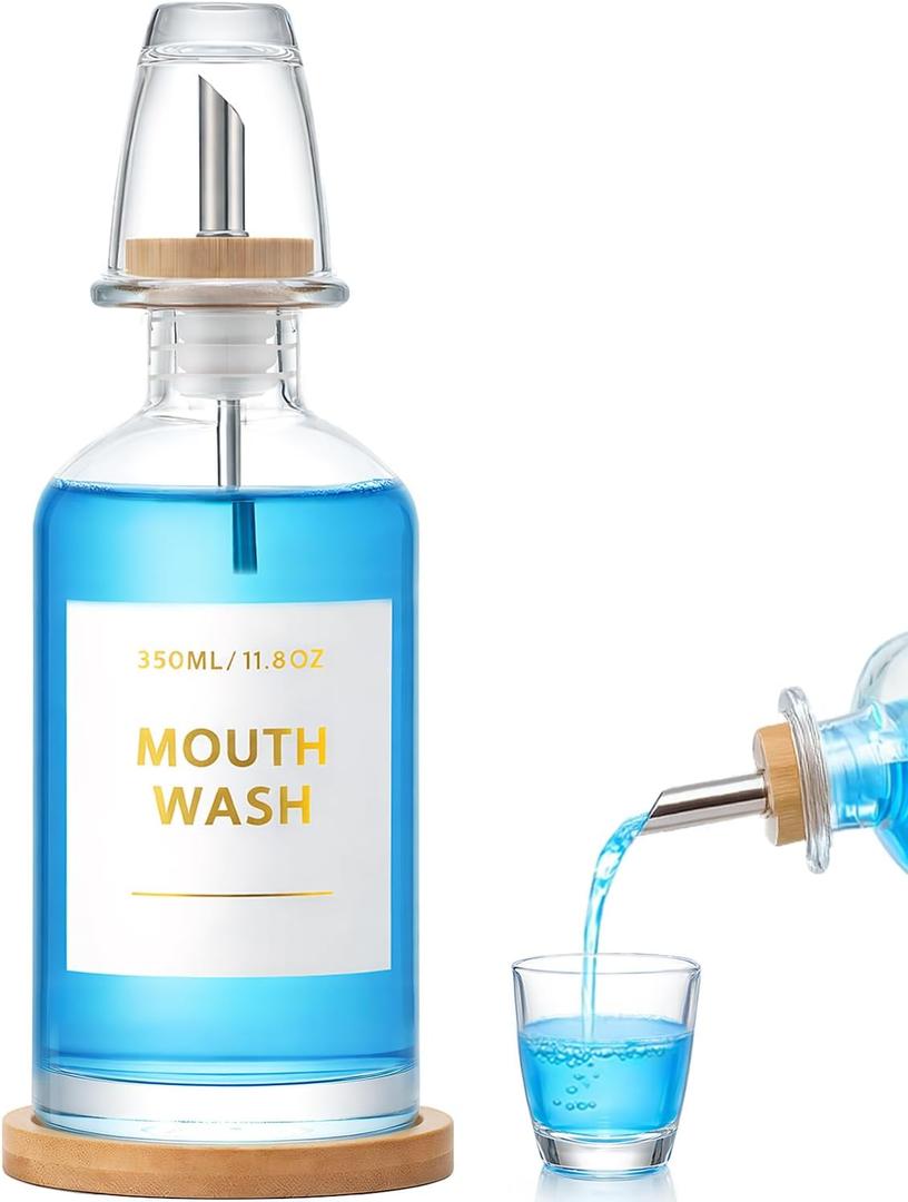 Glass Mouthwash Dispenser Set with Cup & Bamboo Tray, 350ml/11.8oz Refillable Mouth Wash Bottle for Bathroom Countertop, Stainless Steel Pour Spout & Funnel, Modern Vanity Organizer (Clear)