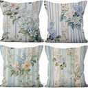 4 Pcs/Set Plants Pillow Covers Summer Flowers Green Leaves Vintage Geometric Lines Botanical Minimalist Linen Cushion Case for Outdoor Couch Sofa Bedroom Home Farmhouse Decor, 16"x16" (Floral 13)