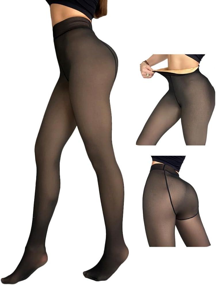CHICME Womens Thick Fleece Lined Transparent Tights High Waist Elasticity Thermal Pantyhose Faux Sheer Warm Leggings (Size: X-Large, Black)
