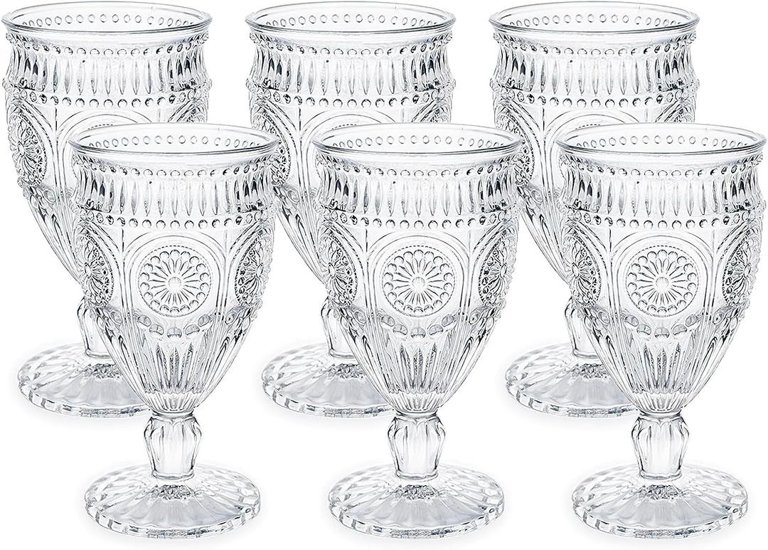 Kingrol Vintage Goblet Glasses Set of 6, 10 oz Heavy-Duty Pressed Glass Water or Wine Glasses with Ornate Design for Dining, Daily Use or Party Display
