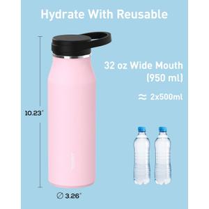TOURIT 32 oz Insulated Water Bottle, Stainless Steel Sports Water Bottles With Wide Mouth, BPA Free Leakproof Thermos Bottle for Sports and Travel, Pink