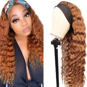 30 Inch #30 Brown Headband Wig Human Hair Deep Wave Light Brown None Lace Front Wig 150% Density Grade 8A Unprocessed Brazilian Virgin Hair Machine Made Wig