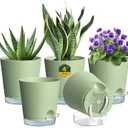 4 inch Self Watering Pots for Indoor Plants, 5 Pack Small Flower Plant Pots with Drainage Holes and Clear Reservoirs, Visible Water Level, Plastic Planters with Wicking Rope, Green