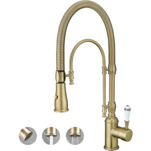 Antique High Arc Classical Single Handle Spring Kitchen Faucet with Pull Down Sprayer, Swiveling Commercial Kitchen Sink Faucets for Farmhouse, Vintage Sink Faucet, Brushed Gold