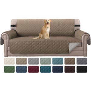 H.VERSAILTEX Reversible Quilted Sofa Cover Water Resistant Sofa Slipcover Washable Couch Cover with Non Slip Elastic Strap Furniture Protector for Kids, Dogs, Pets(Sofa, Taupe Brown/Beige)