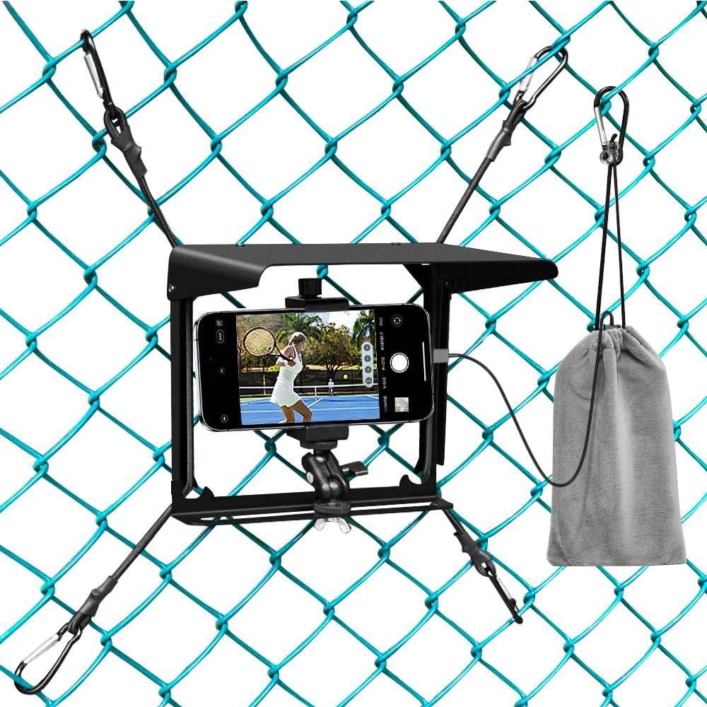 Phone Fence Mount with Shade, Fence Phones Holder for iPhone, Mevo Start, GoPro and Other Action Cameras, for Recording Baseball, Football, Softball, Hockey and Tennis Games (Black with Bag)