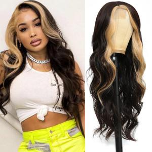 Long Wavy Wigs for Women Black Highlighted Wig Body Wave Synthetic Lace Wig 28inch Black Wig with Blonde Streaks Highlight Wig Heat Resistant Curly Wavy Side Part Wig (Natural Color&Blonde)