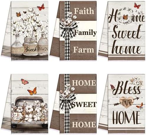 TecUnite 6 Pcs Farmhouse Rustic Kitchen Towels Farm Cotton Dish Towels Decorative Vintage Hand Towel for Cleaning Drying Wiping Tasks Women Mom Gifts Home Living Room Decor