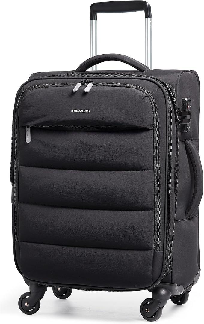 BAGSMART Carry On Luggage 22x14x9 Airline Approved, 20 Inch Soft Suitcase with Wheels, Lightweight Spinner Carry on Suitcase with PVC Wet/Dry Pockets for Short Trip, Black