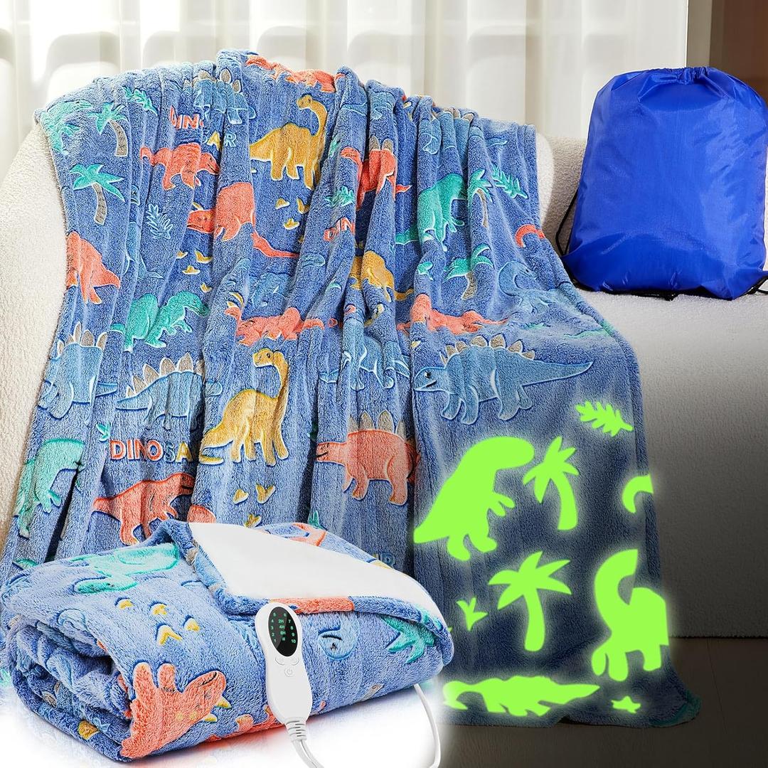 Kids Heated Blanket Dinosaur Electric Glow in The Dark 50"x60" Heating Blanket Girls Boys Children Valentine's Birthday Gifts with 10 Heating Levels & 8 Hours Auto Off Etl Certified