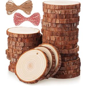 Fuyit Natural Wood Slices, 30 Pcs 3.1-3.5 Inch Unfinished Predrilled Wooden Circles Tree Slice with Hole for DIY Arts Craft Christmas Ornaments