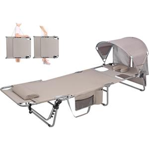 Oversized Tanning Chair with Sun Canopy Face Hole, Heavy Duty 330 LBS Folding Chaise Lounge Chair 5 Position Reclining for Adults Outside Reading Sunbathing Poolside Beach, UPF 50+, XL (Beige)