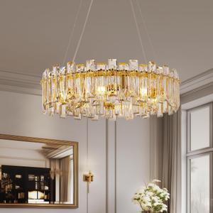 Modern Luxury K9 Crystal Chandelier 8-Lights Gold Round Pendant Light Easy Install Ceiling Hanging Light Fixture for Dining Living Room Kitchen Island Entryway Foyer D23.6