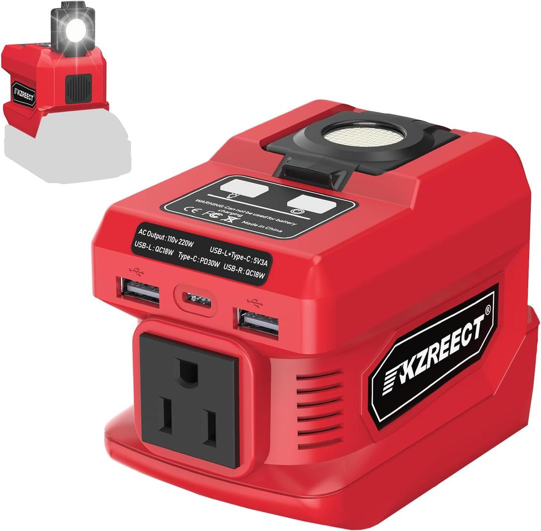220W Portable Power Inverter Compatible with Milwaukee 18V Battery, Converts DC 18V to AC 110V with AC Outlet, USB-C PD, Dual USB-A & 400 Lumen LED  Outdoor, Camping & Emergency Use (Red)